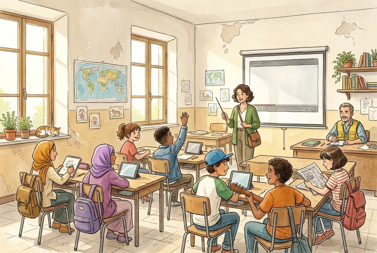Eine Lehrerin zeigt ihrer Klasse einen Film, alle schauen synchron mit