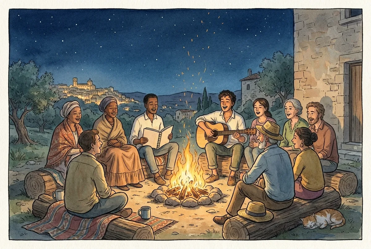 Singen mit Gitarre und Liederbuch am Lagerfeuer unter Sternen