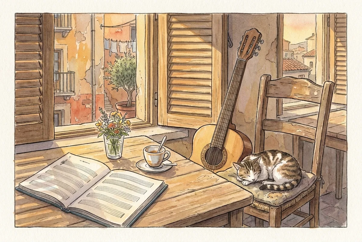 Aufgeschlagenes Liederbuch, Gitarre und Espresso im Abendlicht